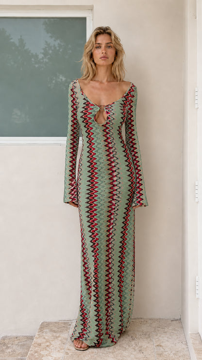 Model wearing Green variant of chevron knit maxi dress