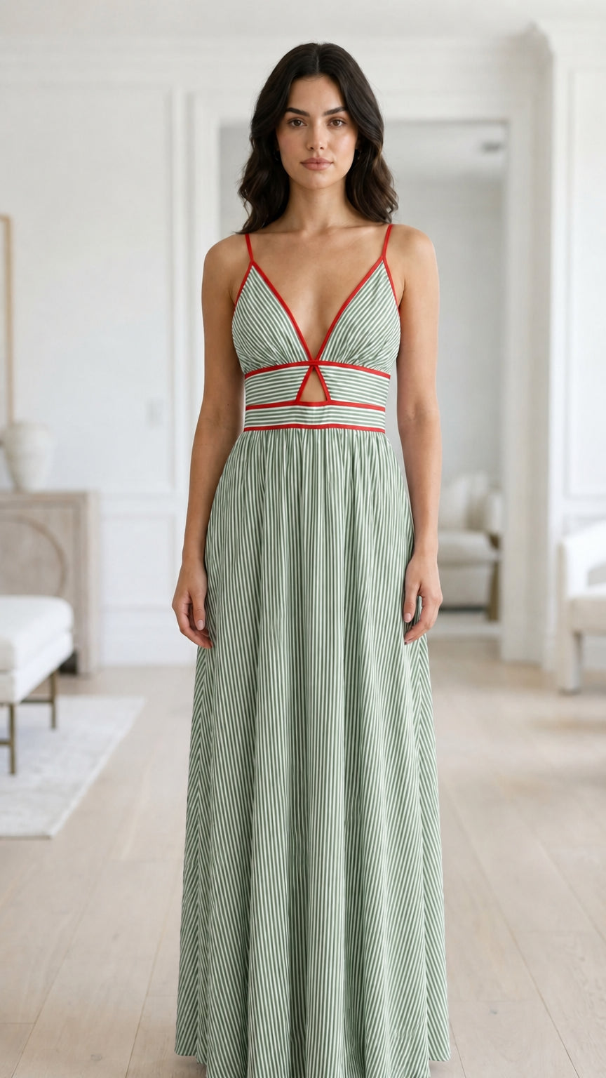 Front view of sage green striped maxi dress variant
