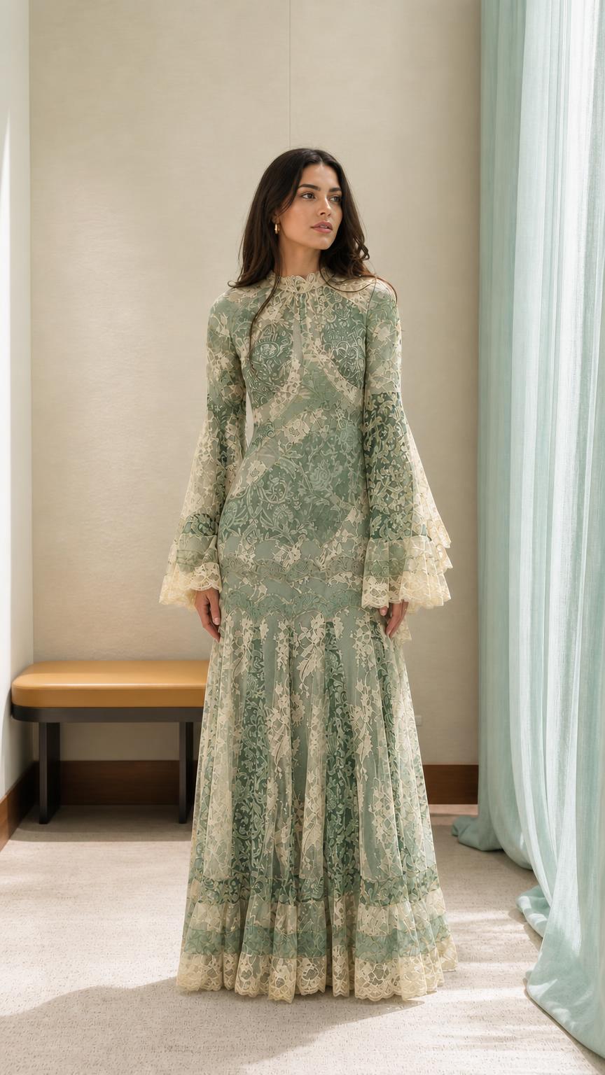 Model wearing the vintage lace maxi dress in sage color variant