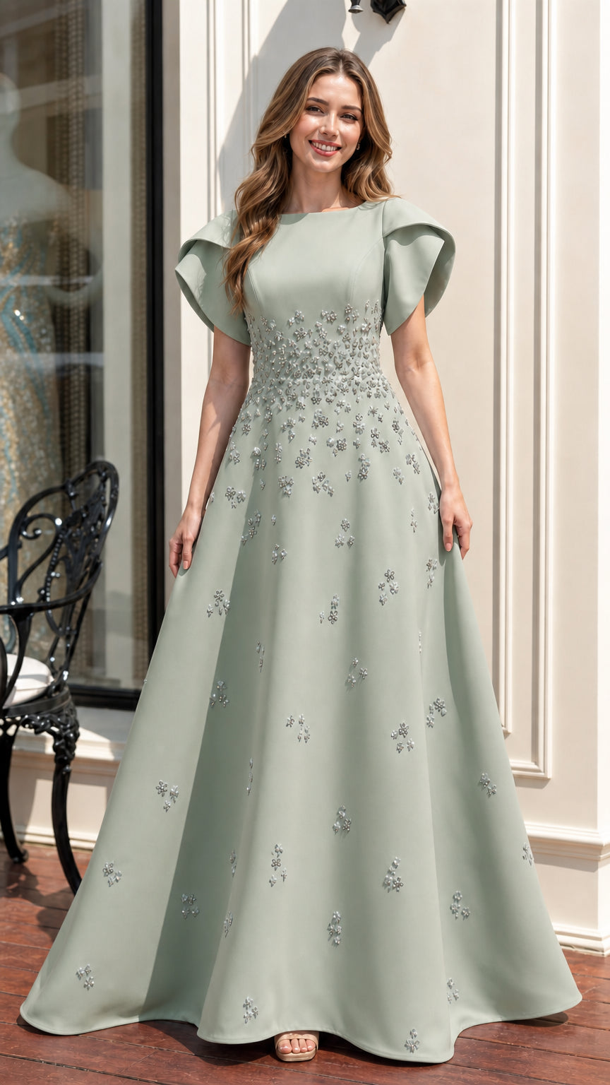 Front view of sage green evening gown
