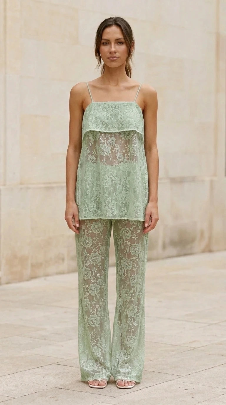 Model wearing sage green lace cami top and matching pants