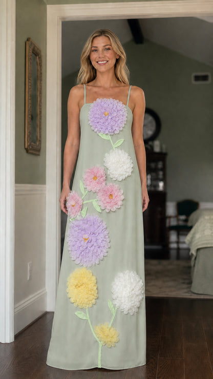 Front view of model wearing Sage 3D floral maxi dress