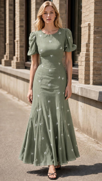 Front view of sage green maxi dress variant