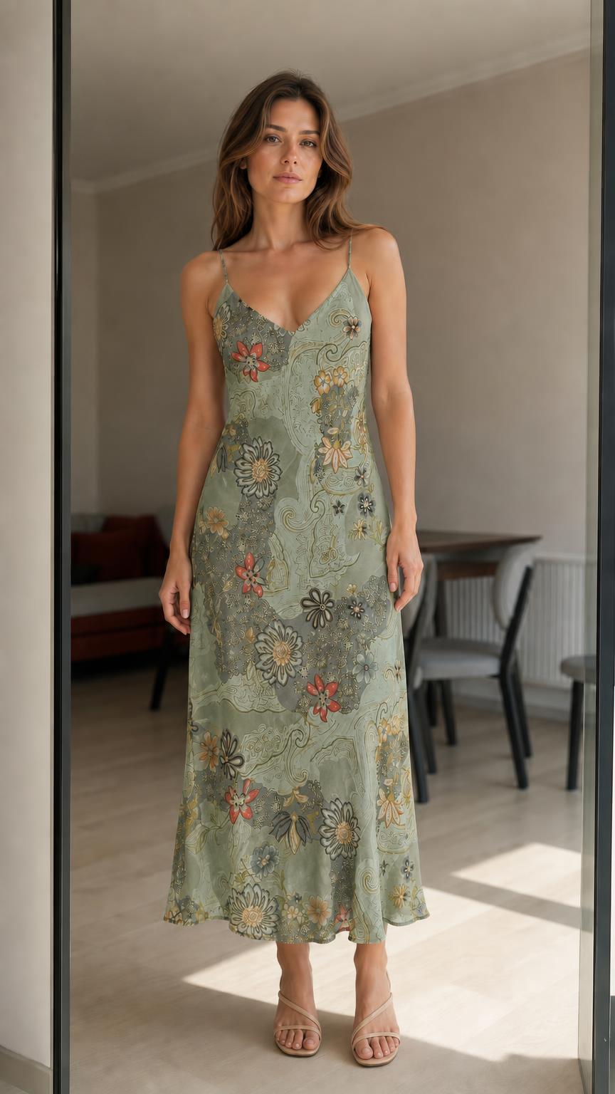 Front view of woman wearing sage floral satin slip midi dress