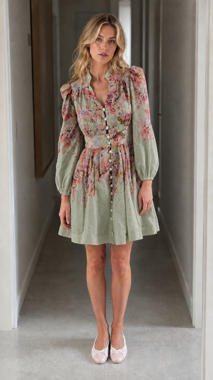 Front view of woman wearing sage green floral print mini dress