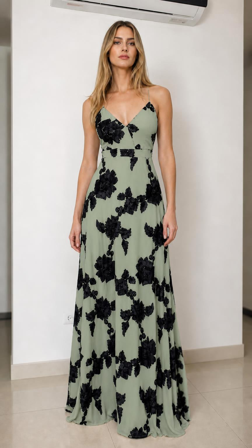Front view of sage green floral applique maxi dress