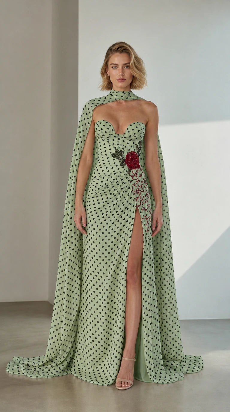 Front view of Green Polka Dot Embellished Cape Evening Gown
