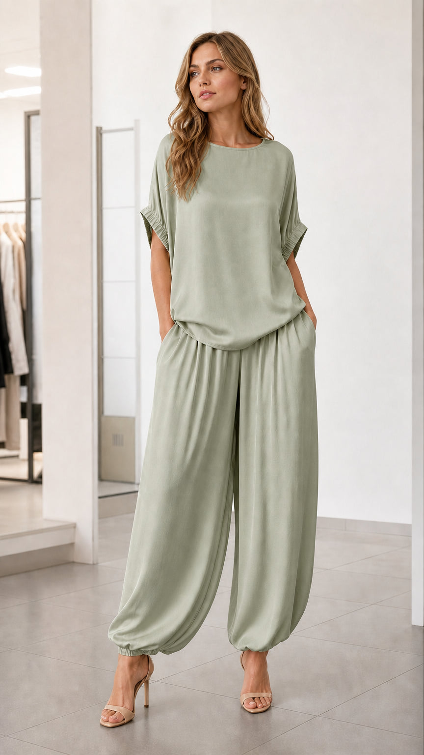 Front view of model wearing sage green two-piece lounge set