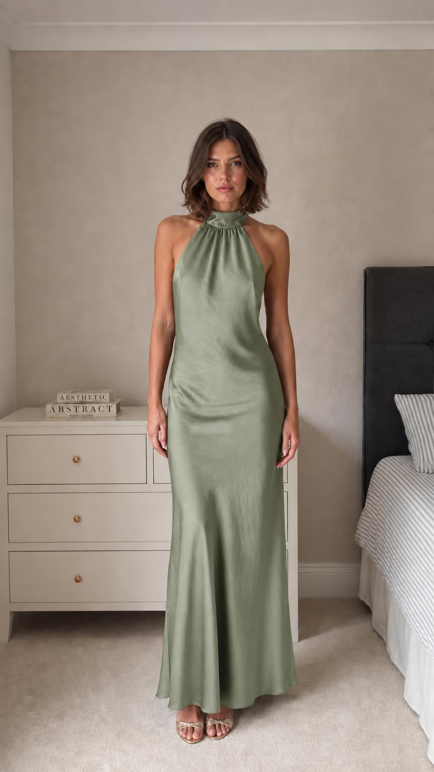 Model wearing sage green satin halter neck maxi dress