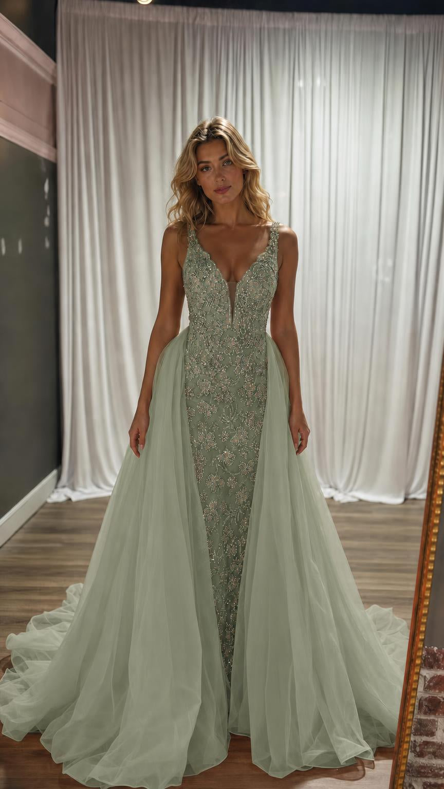 Model wearing sage green beaded evening gown with matching tulle train