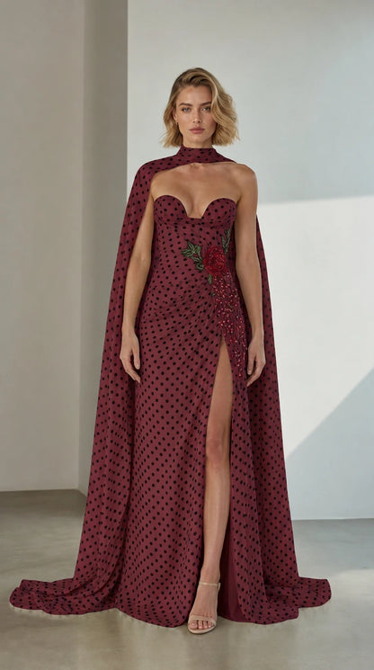 Front view of Burgundy Polka Dot Embellished Cape Evening Gown