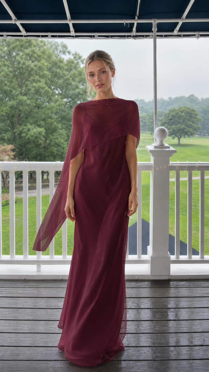 Elegance Flowing Cape Overlay Maxi Evening Dress in Burgundy