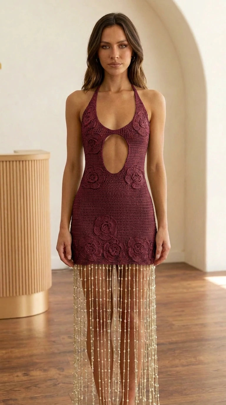 Halter Neck Crochet Beaded Fringe Mini Dress in burgundy