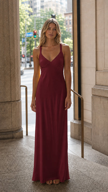 Front view of burgundy satin maxi dress