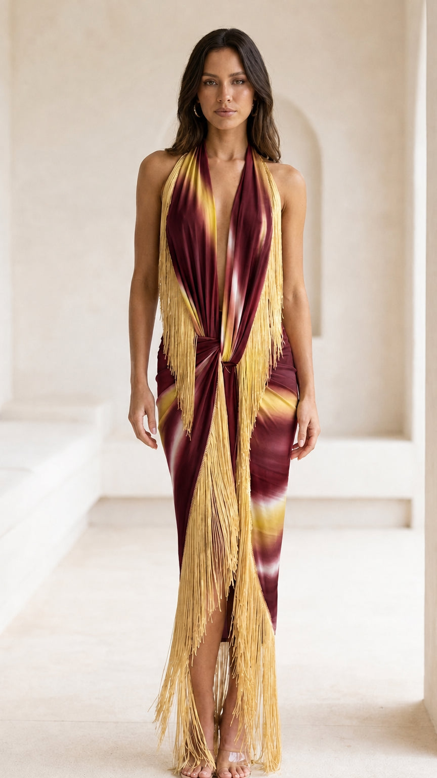 Model wearing burgundy multi-color gradient fringe maxi dress