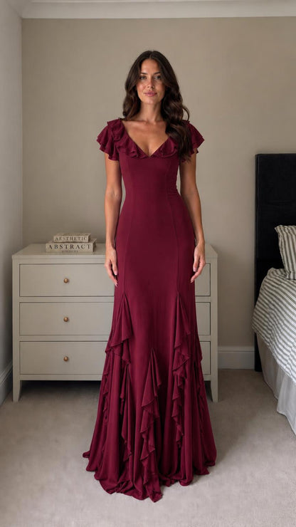 Front view of model wearing Burgundy formal mermaid dress