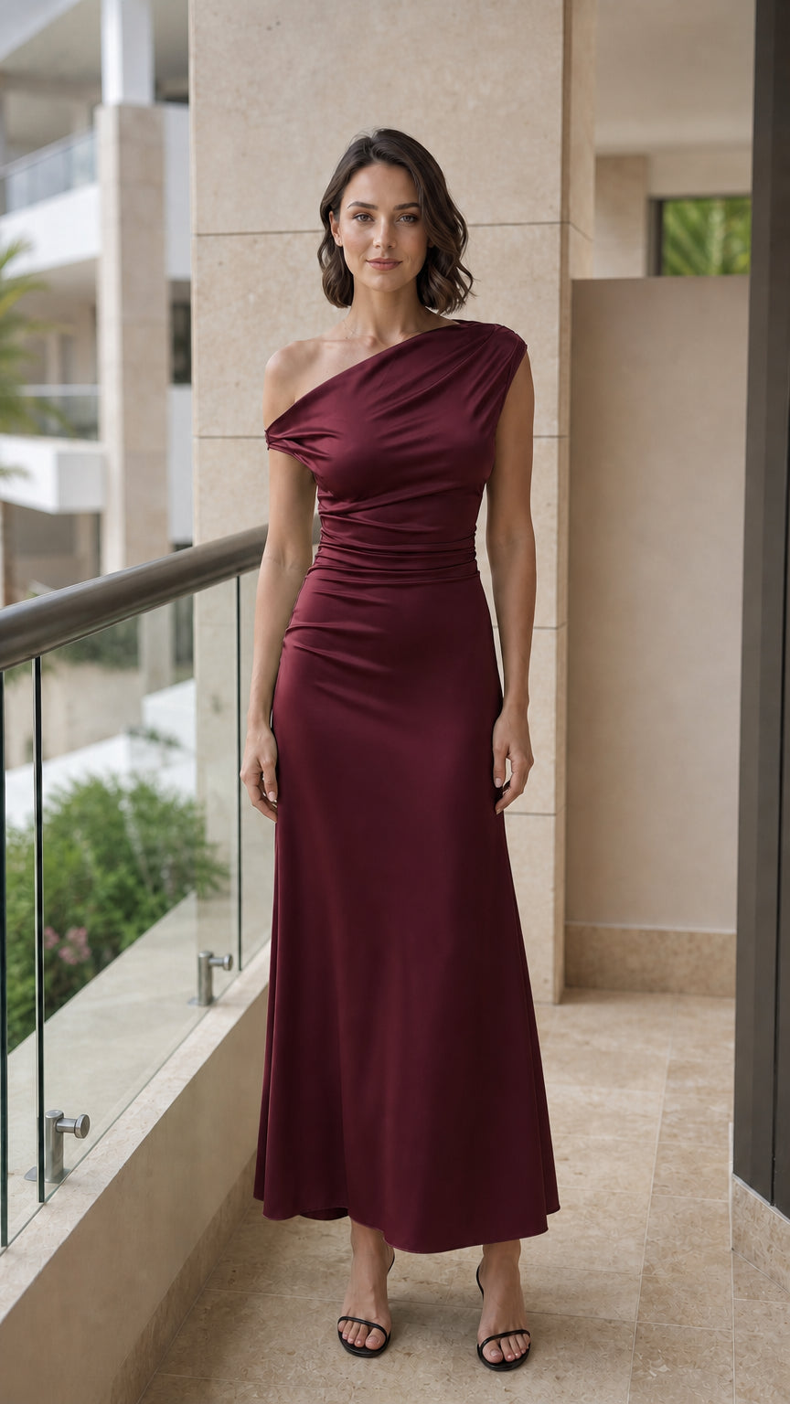 Model wearing burgundy one-shoulder satin maxi dress
