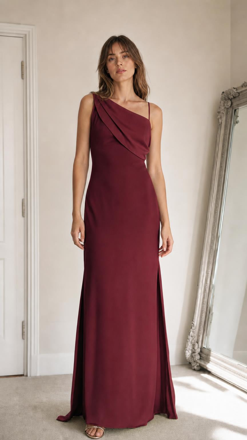 Front view of burgundy one-shoulder maxi dress
