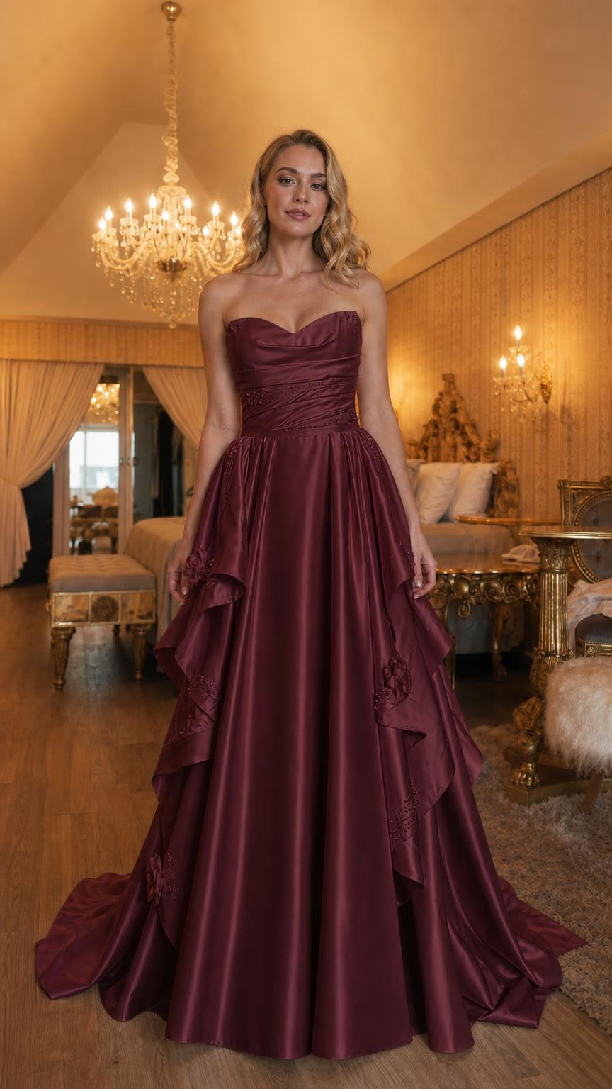 Front view of burgundy strapless evening gown