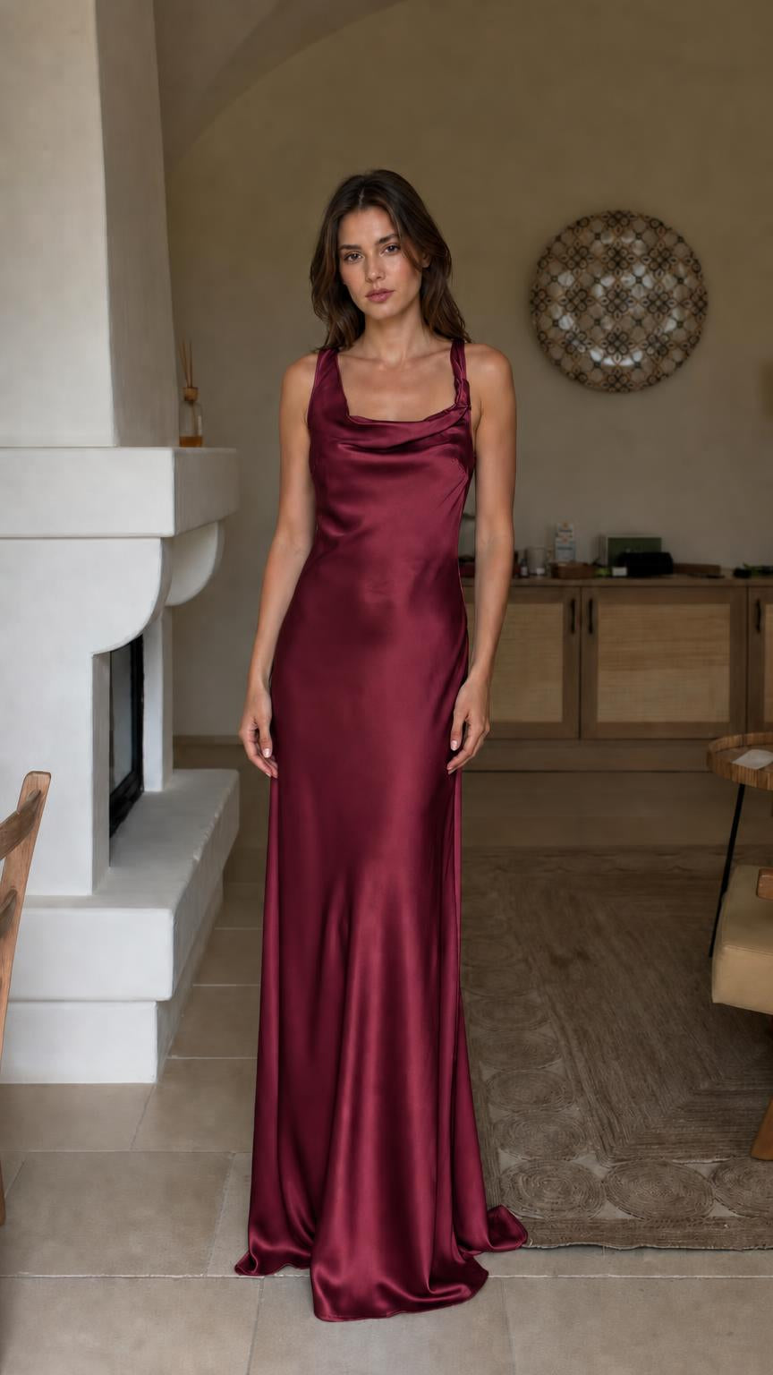Front view of burgundy satin cowl neck maxi dress