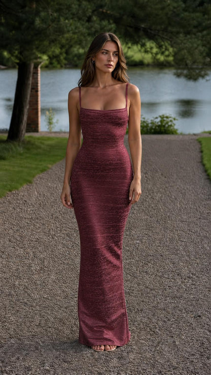Model wearing burgundy textured bodycon maxi dress
