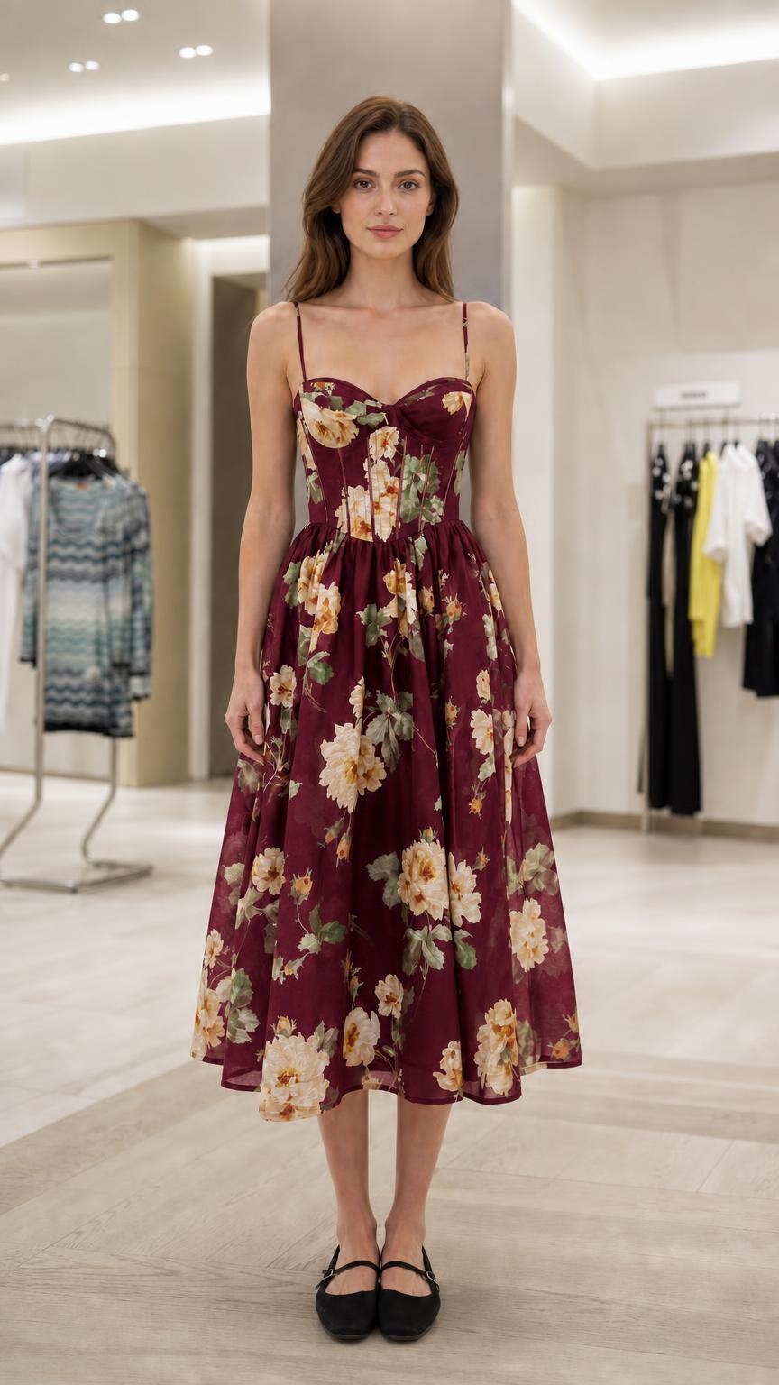 Front view of burgundy floral corset midi dress