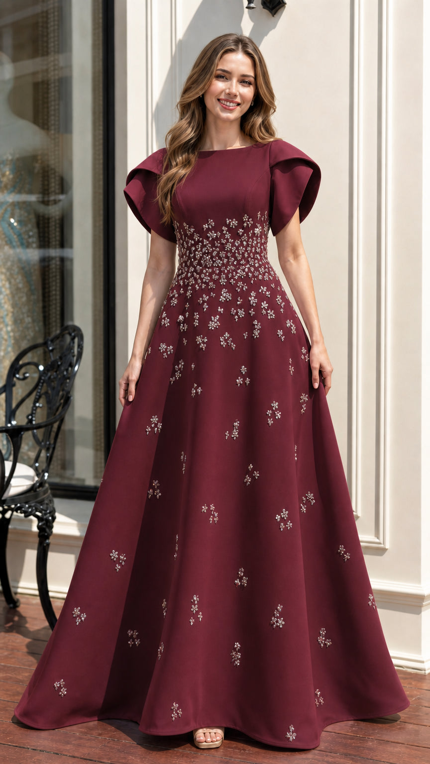 Front view of burgundy evening gown