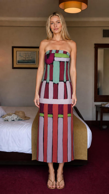 Front view of mauve variation strapless maxi dress