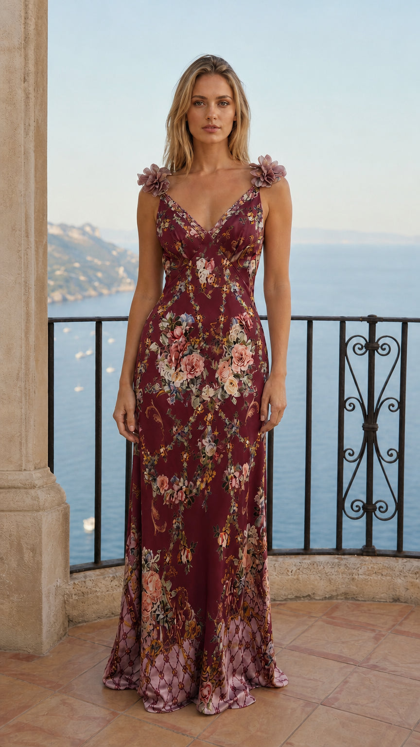 Front view of burgundy floral print maxi dress variant