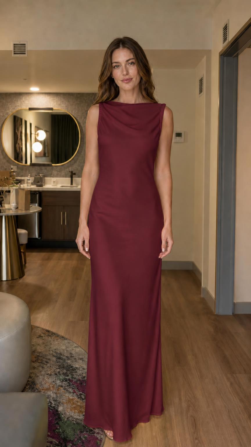 Front view of burgundy evening gown