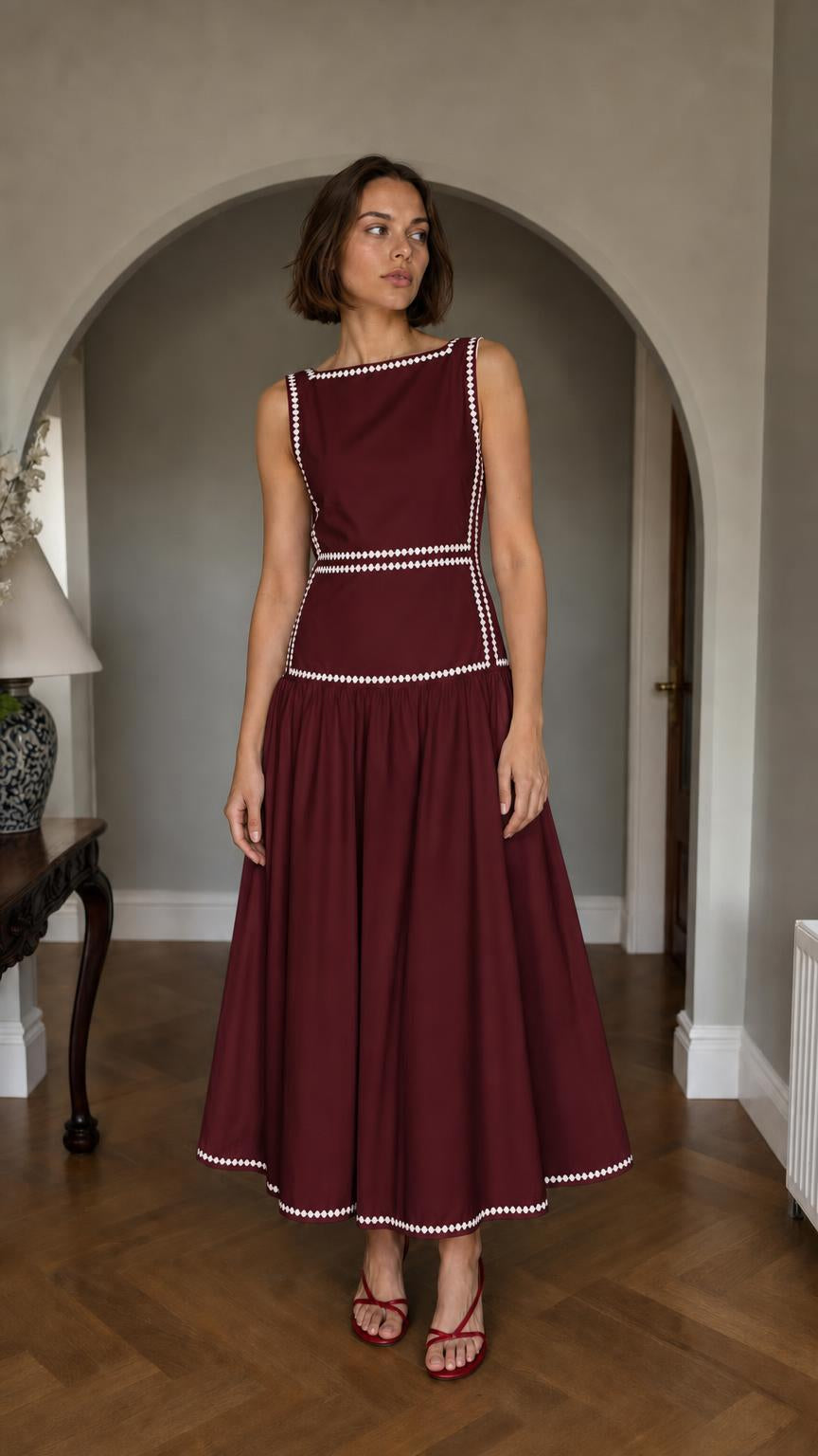 Front view of Burgundy embroidered sleeveless midi dress