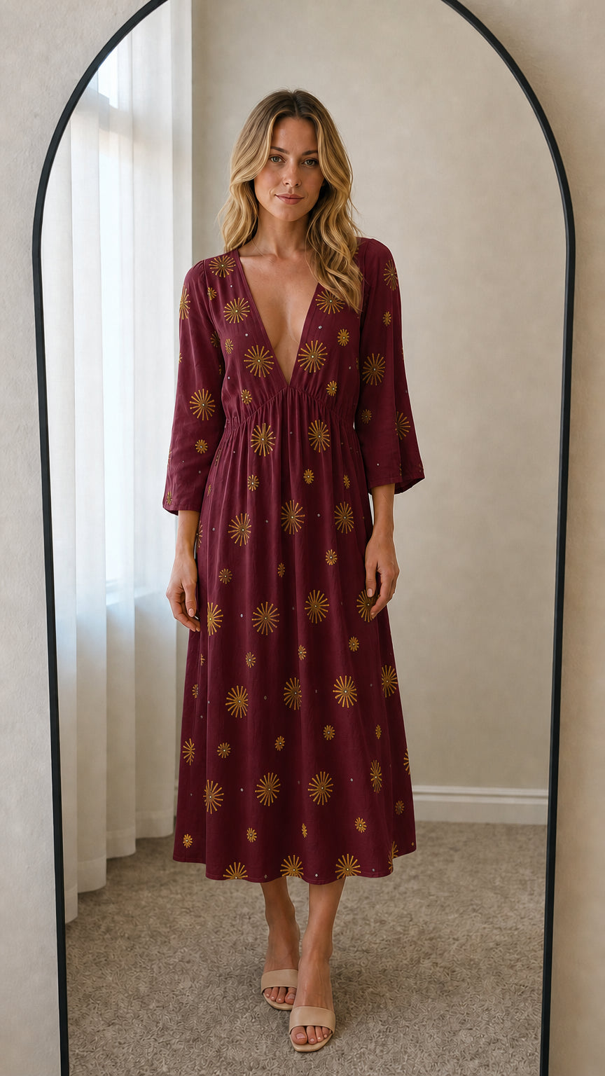 Front view of burgundy embroidered midi dress