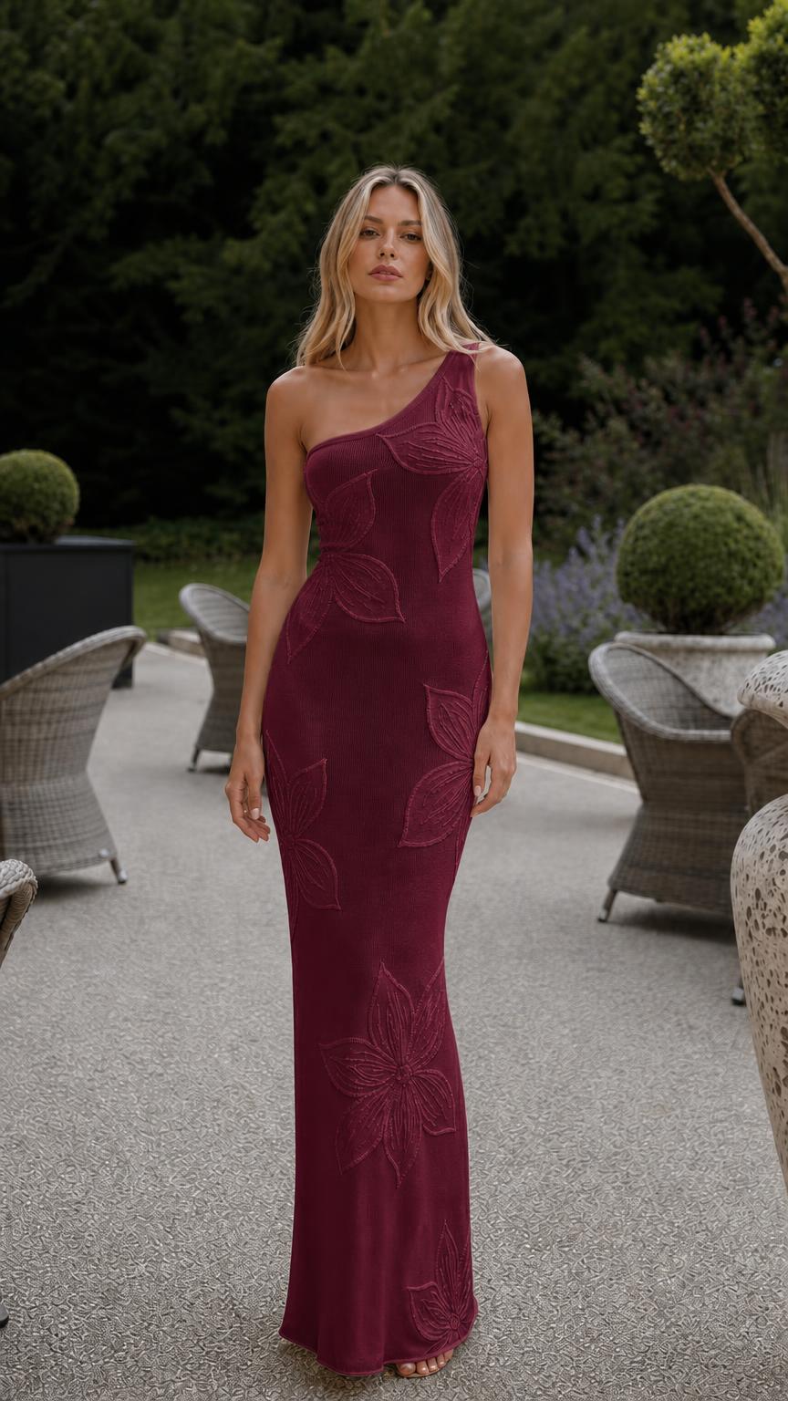 Front view of burgundy one-shoulder floral applique maxi dress