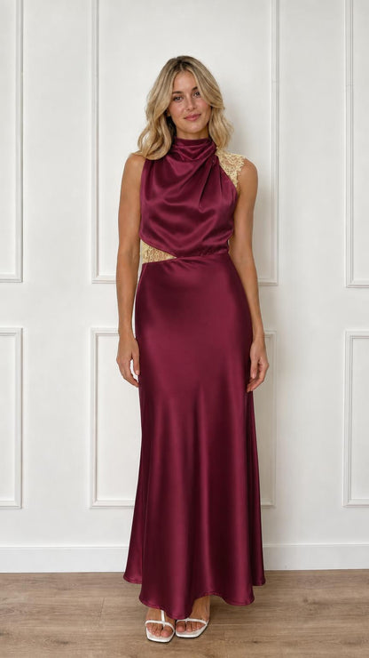 Front view of burgundy satin maxi dress