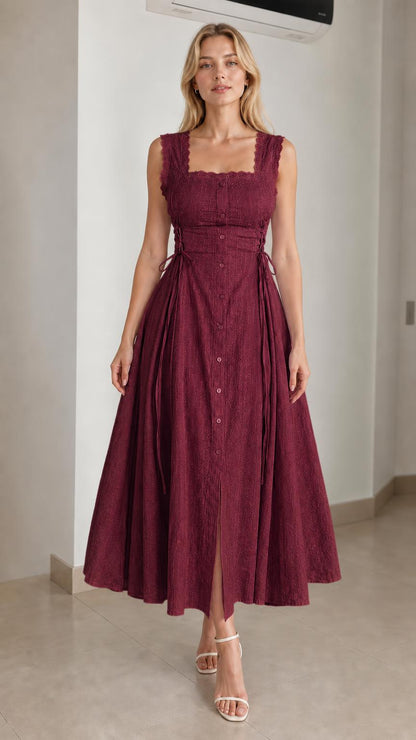 Model wearing burgundy square neck midi dress