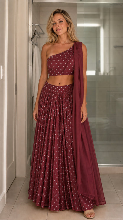 Front view of model wearing burgundy two-piece set