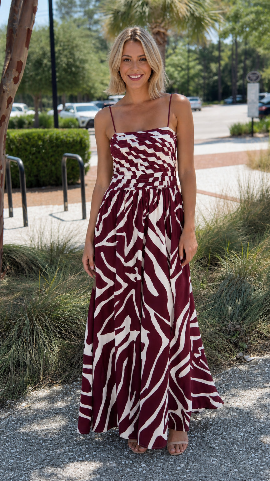 Front view of burgundy color variant on model