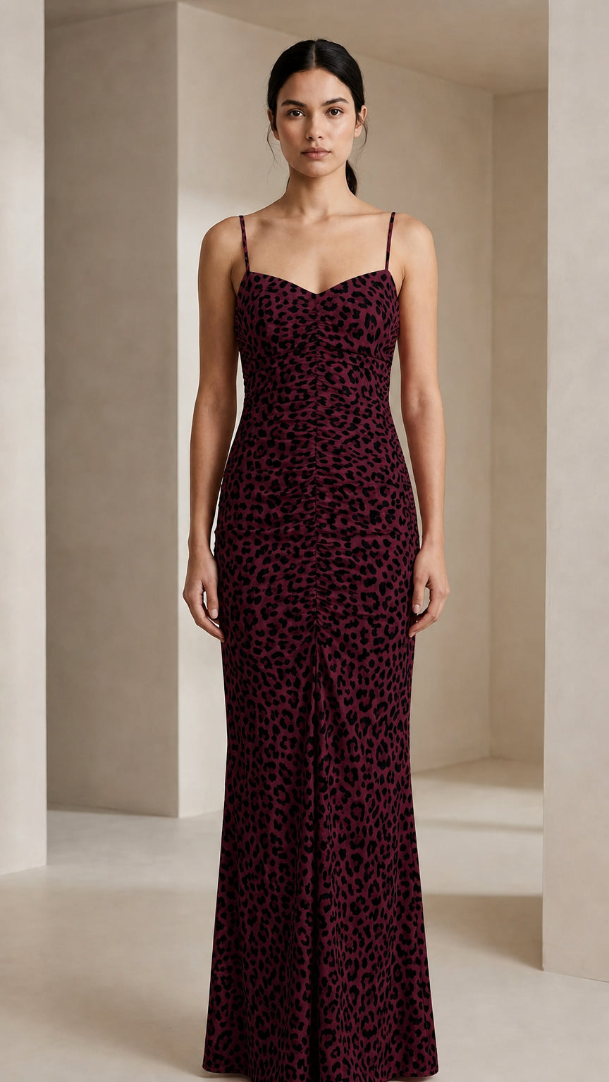 Front view of burgundy leopard print maxi dress