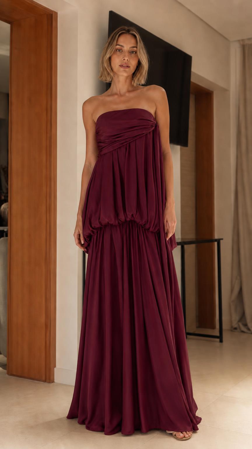 Elegance Strapless Draped Maxi Dress in burgundy