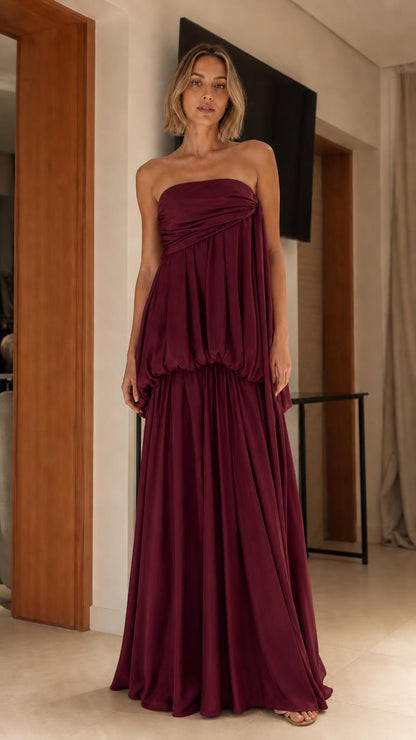 Elegance Strapless Draped Maxi Dress in burgundy