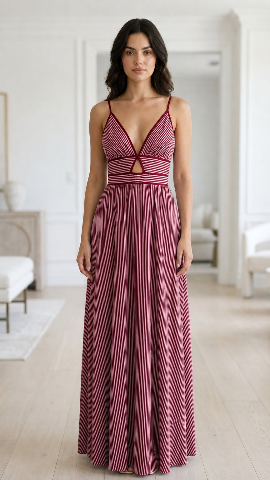 Front view of burgundy striped maxi dress variant