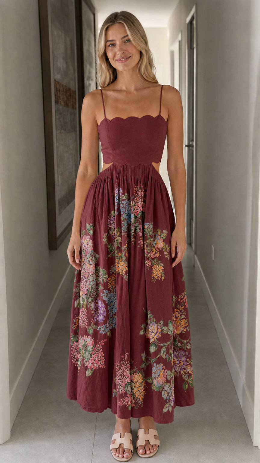 Woman wearing burgundy floral cutout midi dress