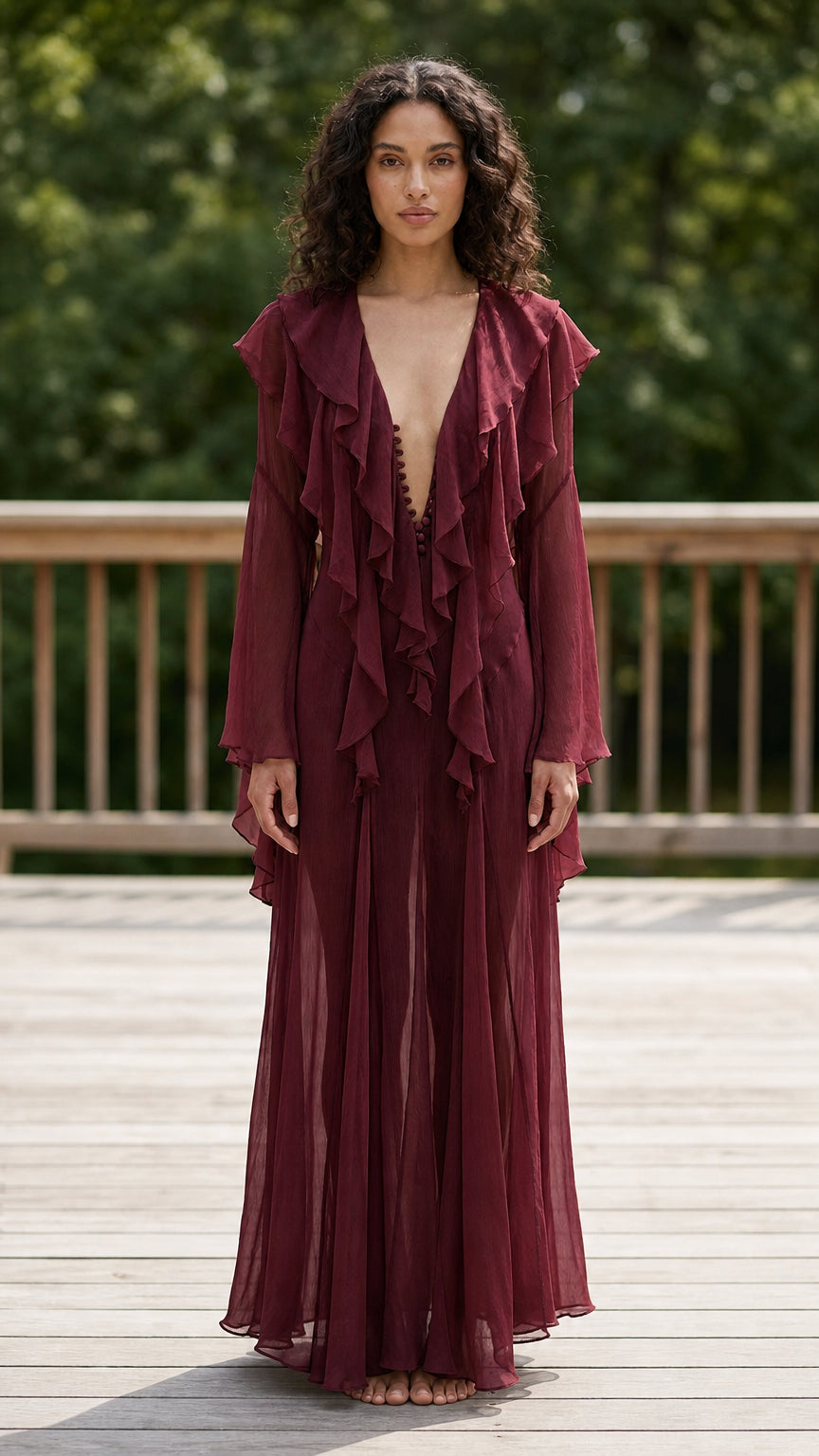 Model wearing burgundy ruffle maxi dress