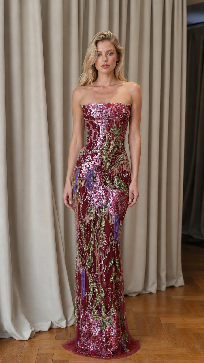 Model wearing burgundy floral sequin strapless evening gown