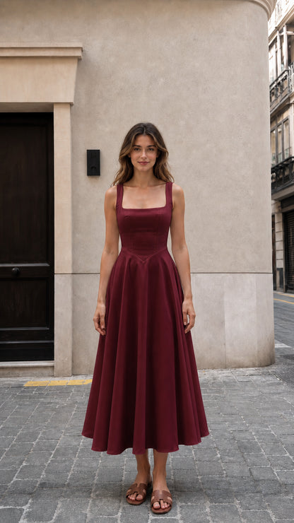 Front view of woman wearing burgundy square neck midi dress