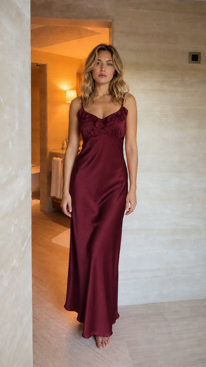 Satin Ruffle Trim Maxi Slip Dress
