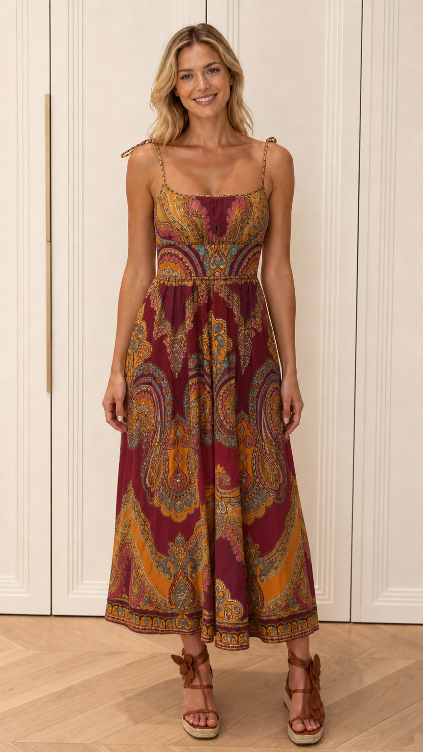 Model wearing burgundy color variant of paisley midi dress