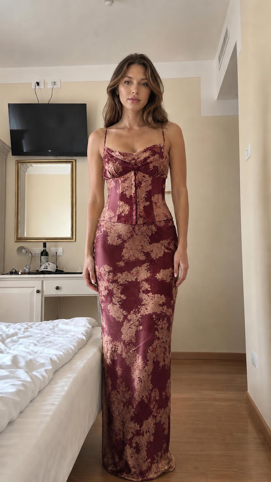 Burgundy floral satin two-piece set