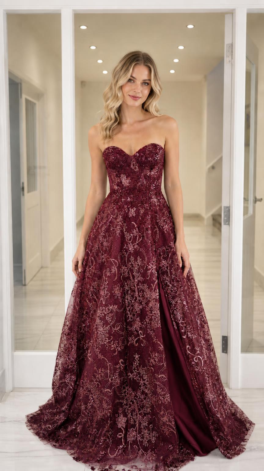 Front view of the burgundy sequin evening gown