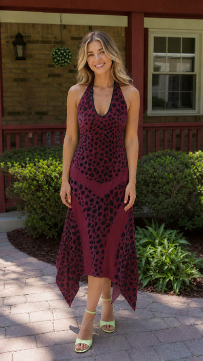 Front view of burgundy leopard print midi dress